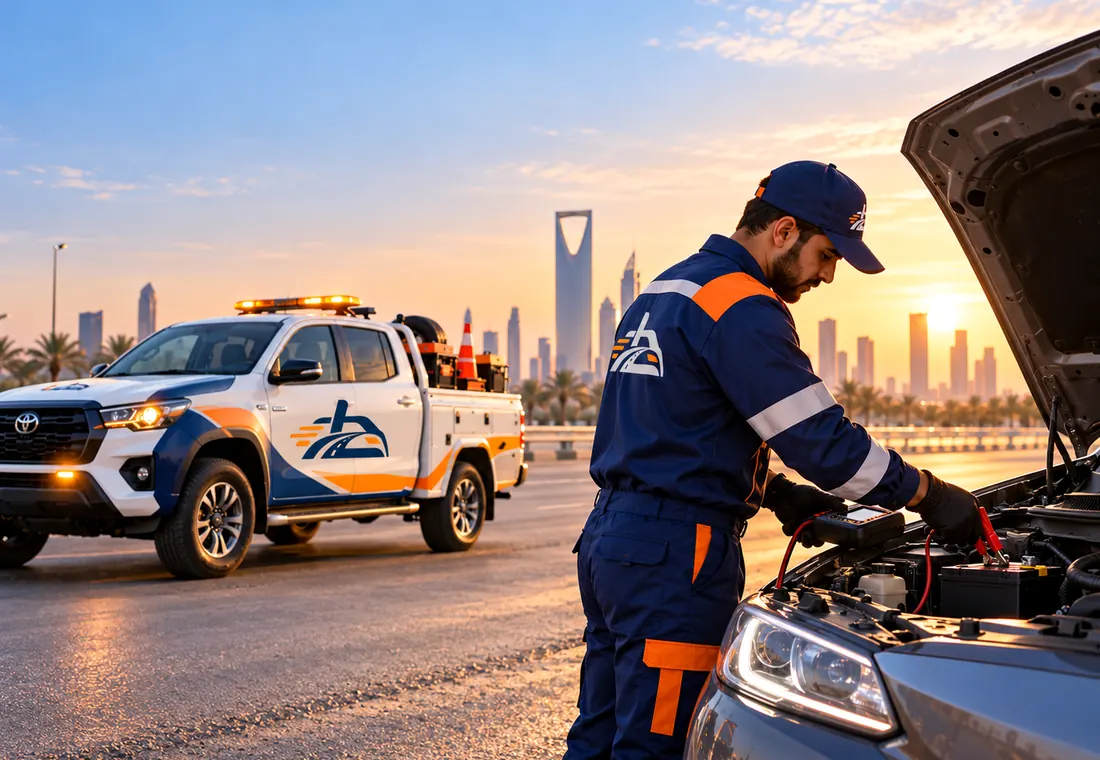 صورة توضيحية لفني يفحص بطارية سيارة ونظام الشحن