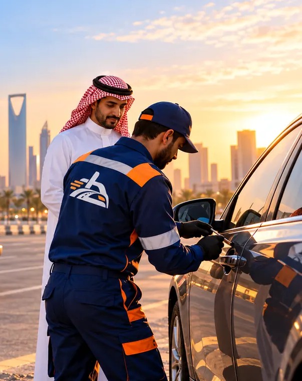 صورة توضيحية لفني يساعد في فتح سيارة مقفلة بحضور صاحبها