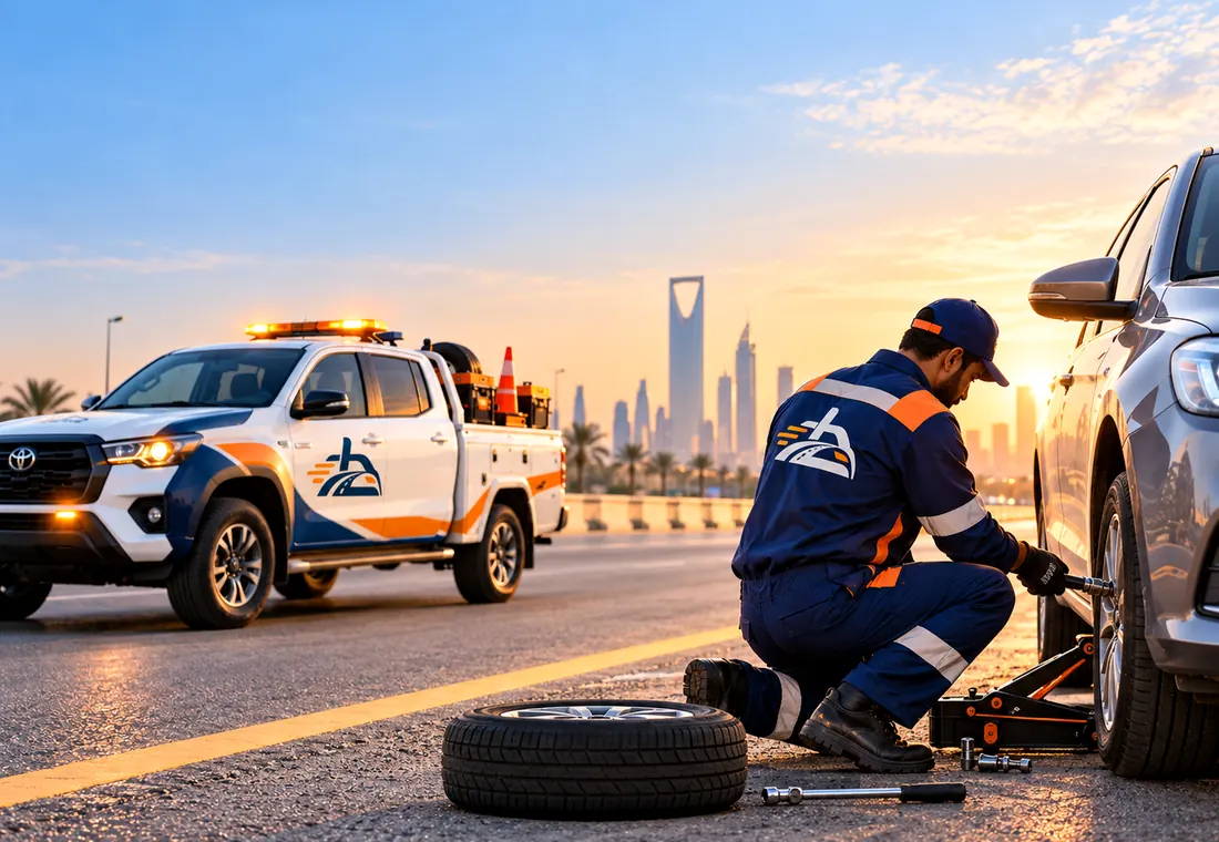 صورة توضيحية لفني خدمة طريق يغيّر إطار سيارة